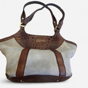 Brahmin Tan and Cream Canvas and Crocodile Shoulder Bag